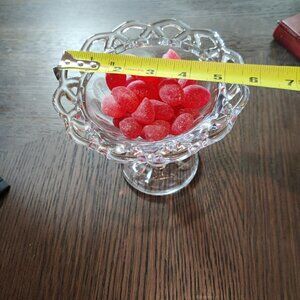 Candy Dish, reticulated in crystal on a stand, very cheerful & bright.